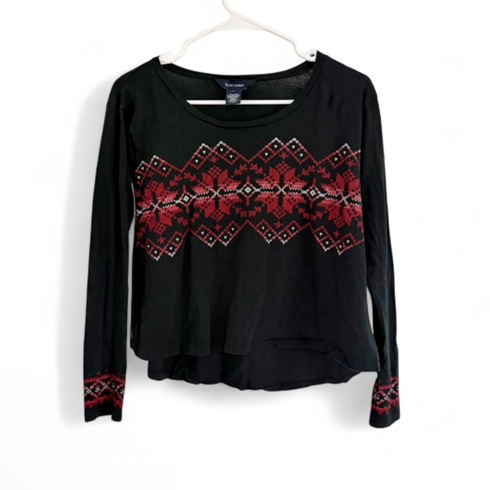 Ralph Lauren Girls Kids Top Shirt L Black Cabin Fair Isle Holiday Festive Ski